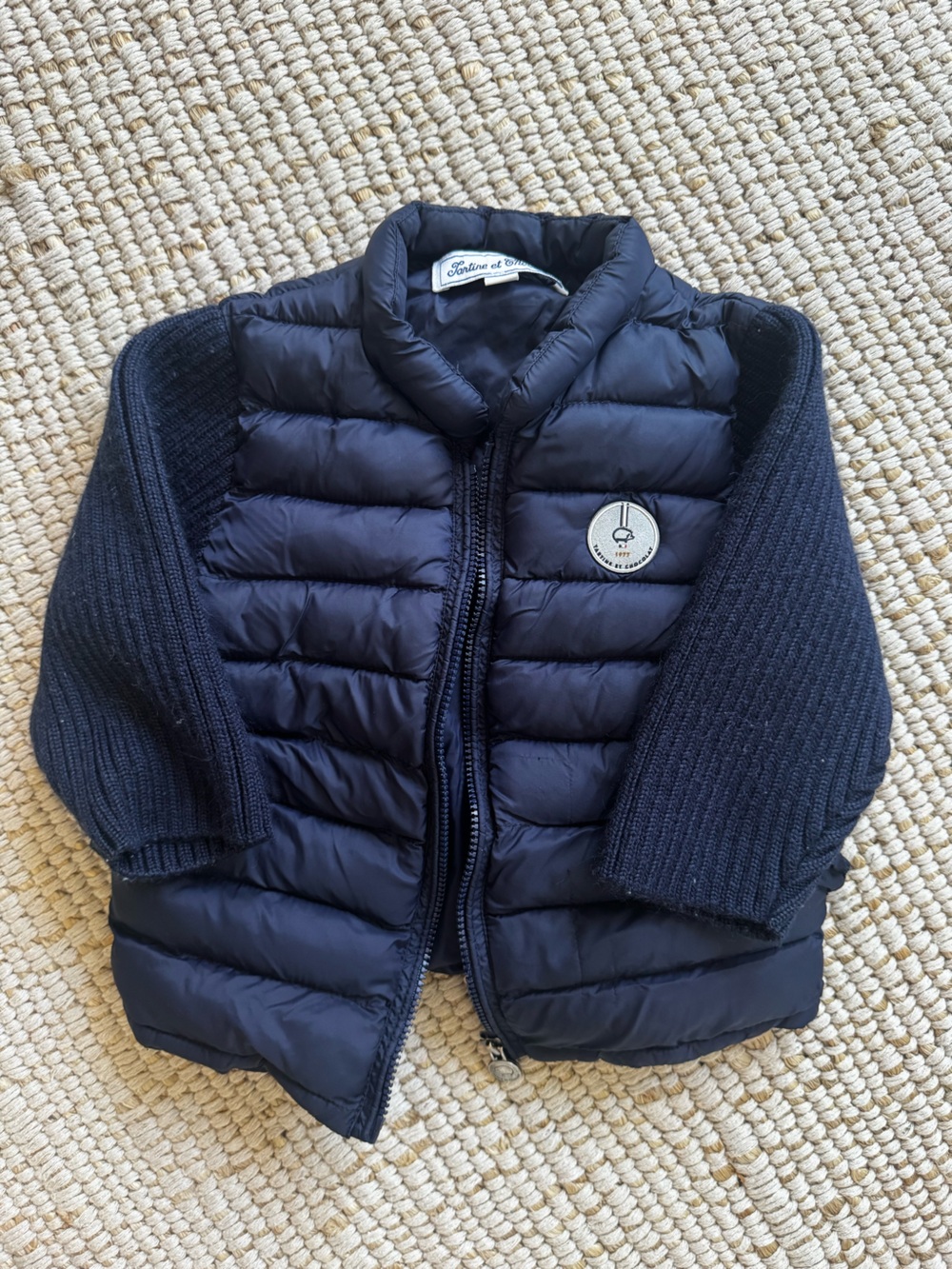 18M Tartine et Chocolat Navy Quilted Puffer Jacket with Knit Sleeves